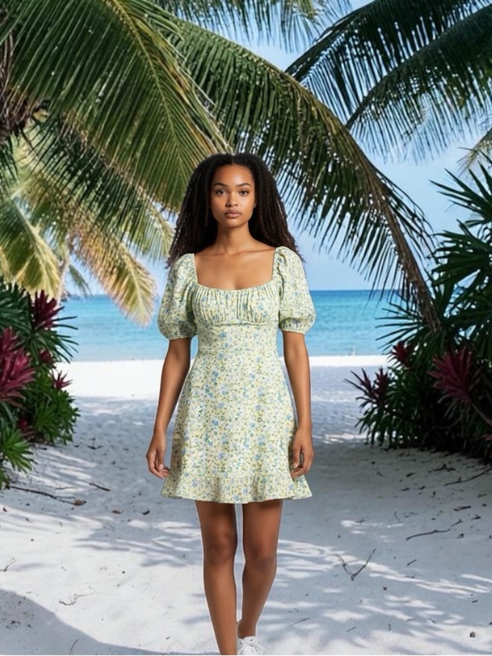 Ever New Cream Midi Dress with Green and Yellow Floral Print